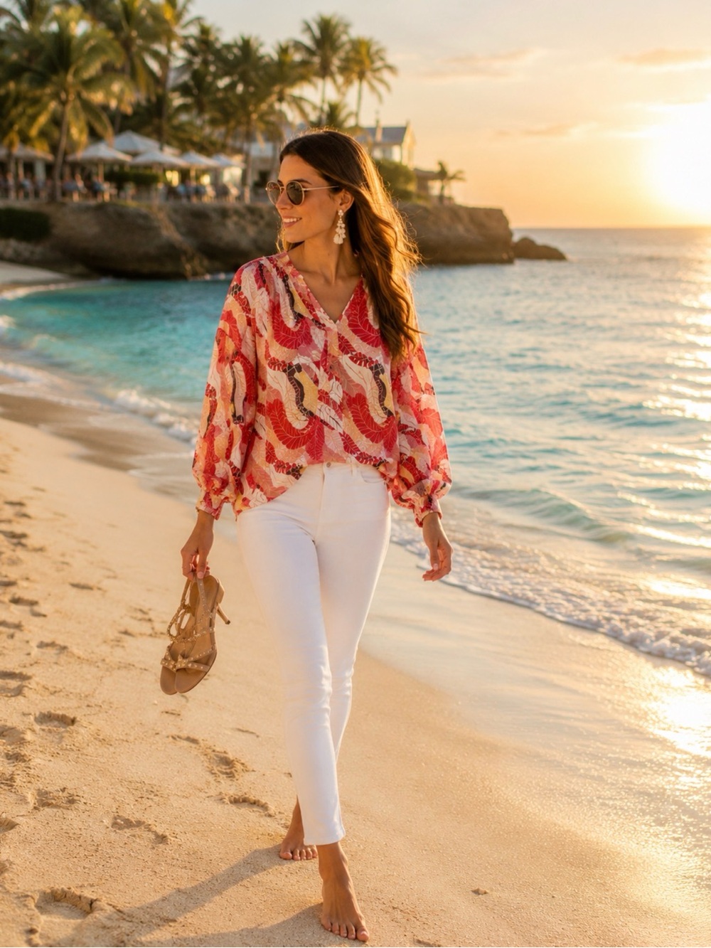 Jade Red Yellow Multicolor Boho Tie Front Flowy Top